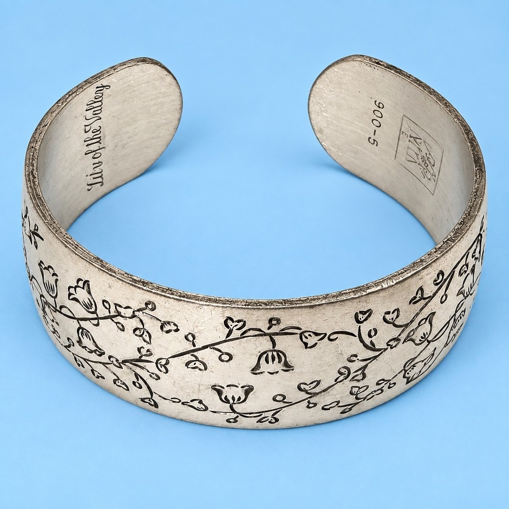 Vintage Kirk Stieff Pewter Lily of the Valley 900-5 Floral Cuff Bracelet -3853